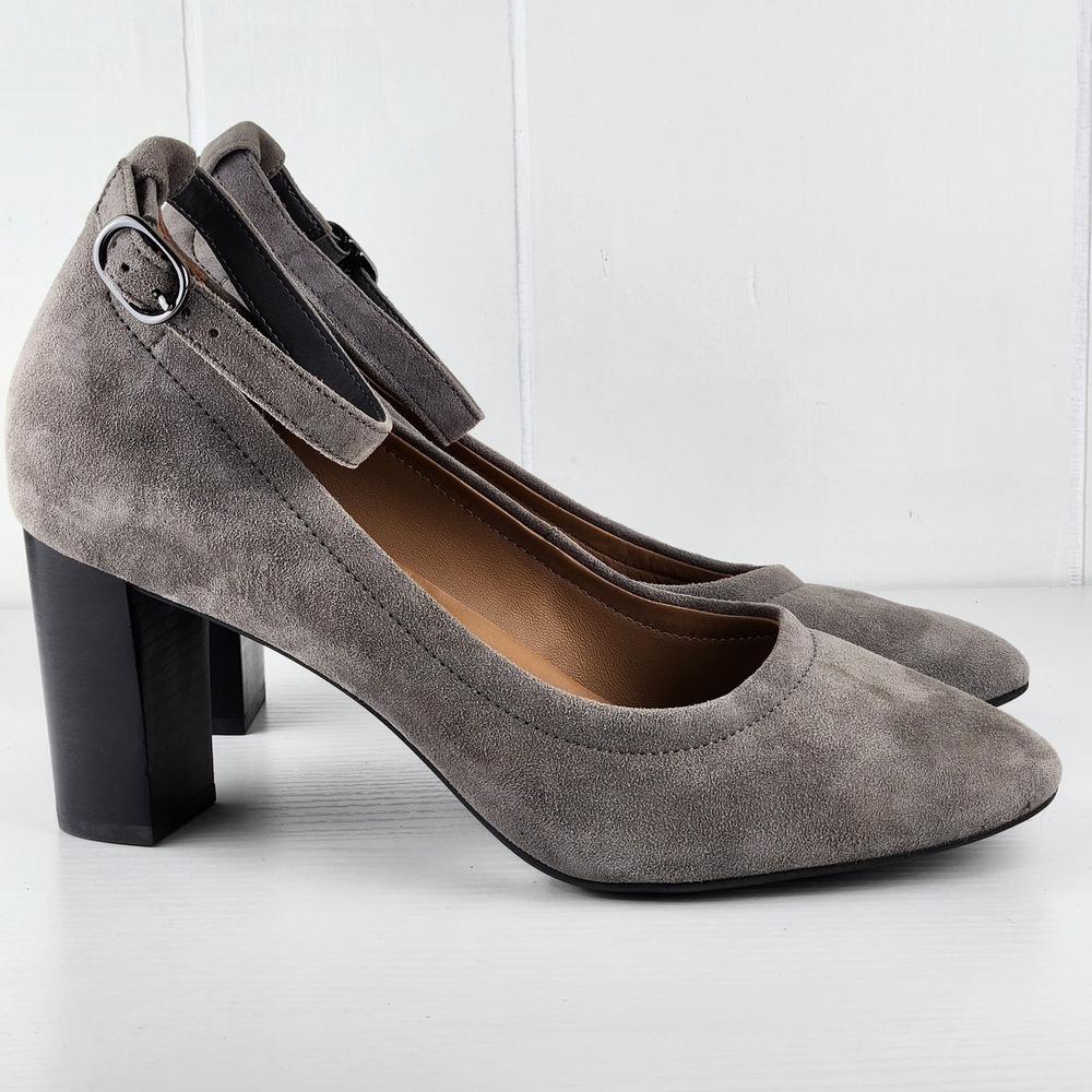 Clarks Artisan Chryssa Jana Grey Suede Ankle Strap Block Heel Pumps Womens 9